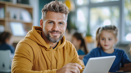 Smiling Teacher Working with Preschool Children Using Tablet in Classroom, Early Education, Engaged Kids Learning Technology, Digital Devices.