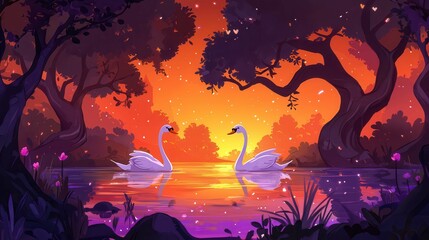 A serene sunset scene with two elegant swans gracefully swimming in a tranquil pond surrounded by lush trees and vibrant colors.