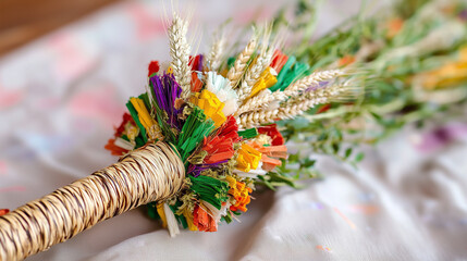 Traditional Polish Colorful Easter Palm Made with Vibrant Dried Flowers and Grass, Symbol of Palm Sunday Celebration, Slavic Catholic Tradition, Copy Space.