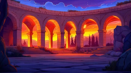 Obraz premium A vibrant sunset scene with ancient arches, showcasing a beautiful landscape in an animated style.