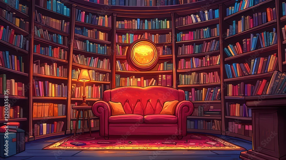 Poster a cozy reading space with a red sofa surrounded by bookshelves in a warm, inviting library setting.