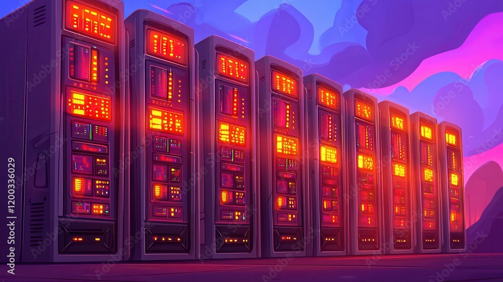 Poster a vibrant illustration of server racks in an animated style, showcasing a colorful tech environment.
