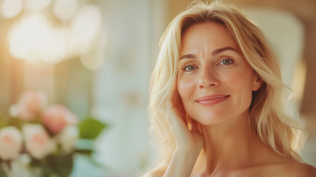 Mature, Mid-Age Blonde Woman in Sweater Smiling and Touching Her Face, Reflecting Self-Care, Skin Care, Calm, and Positive Aging in Her 40s, 50s, 60s at Home, Beige Tones, Natural Beauty at Menopause.