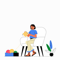 Fototapeta premium Woman Knitting In A Chair With Colorful Yarn In Flat Vector Illustration Symbolizing Relaxation, Hobbies, And Crafting, Isolated On White Background
