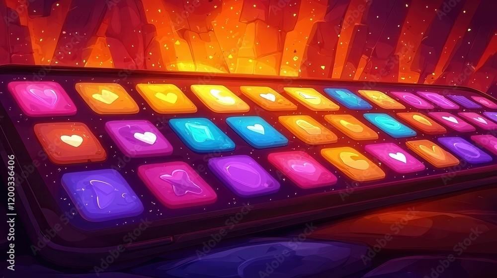 Poster a colorful smartphone with vibrant app icons against a glowing background, emphasizing modern techno