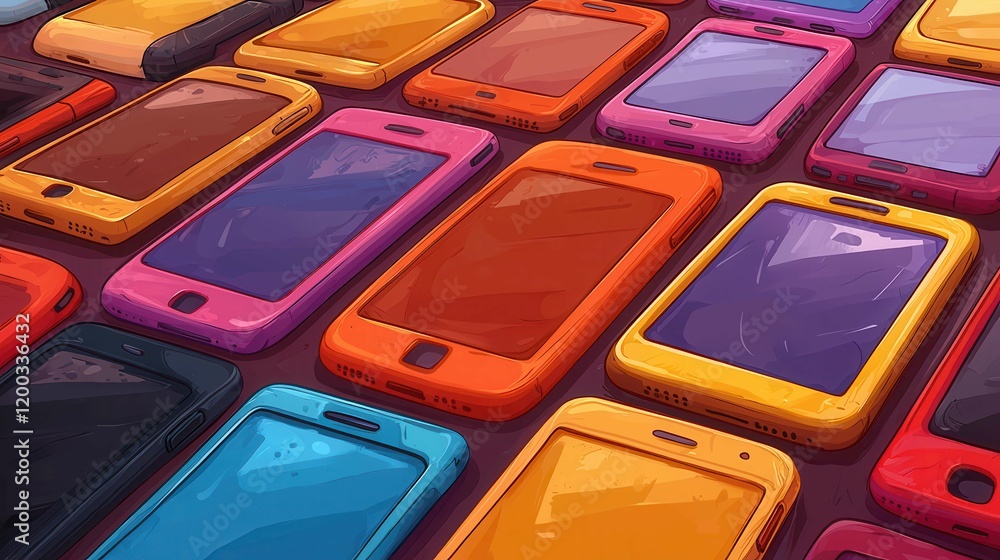 Poster a colorful collection of smartphones with various cases arranged neatly.