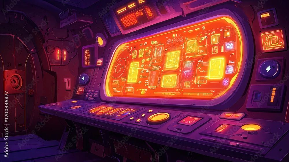 Poster a futuristic control panel with bright glowing screens and buttons in a sci-fi setting.