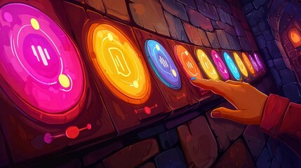 A hand reaches toward colorful circular buttons in a dark, mystical setting with stone walls.
