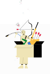 Man Practicing Archery And Other Sports In Flat Vector Illustration Symbolizing Sports, Hobbies, And Skill Development, Isolated On White Background.