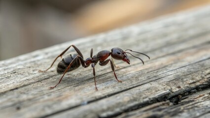 Ant foraging on weathered wood close-up photography natural setting macro view wildlife behavior