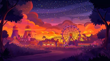 A vibrant amusement park scene at sunset featuring a ferris wheel, roller coasters, and colorful lights in a cartoon style.