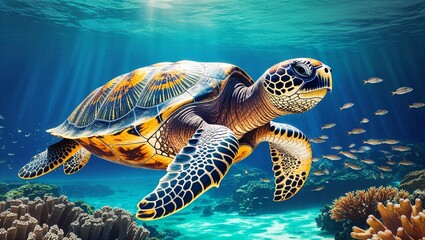 Fototapeta premium A Majestic Mature Hawksbill Turtle, Its Shell Glowing with Rich Patterns, Gracefully Gliding Through Crystal-Clear Waters, Symbolizing the Beauty and Fragility of Ocean Life