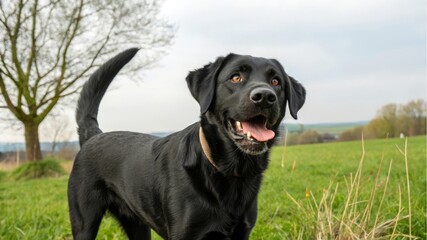 Playful black labrador dog open field photography natural environment close-up animal concept for...