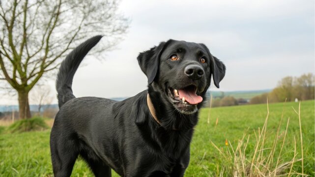 Playful black labrador dog open field photography natural environment close-up animal concept for seo impact