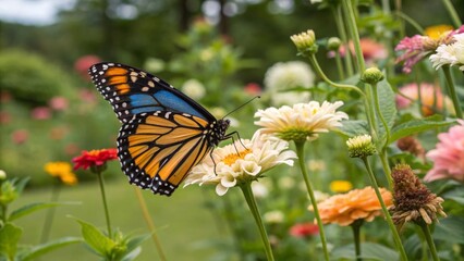 Obraz premium Monarch butterfly feeding on flowers garden nature photography vibrant environment close-up beauty of nature
