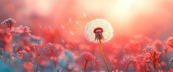 Dandelion seeds disperse at sunset, floral field background; nature peace