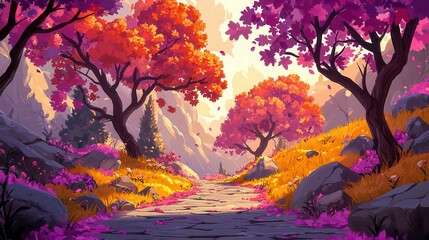A picturesque path through vibrant autumn trees with colorful leaves in a serene landscape.