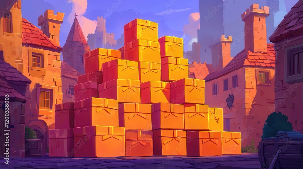 Aufkleber a colorful stack of boxes in a medieval-themed village setting with buildings in the background.