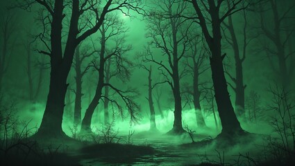 Obraz premium A Mystical and Eerie Forest Scene at Night, Shrouded in Fog and Moonlight, Creating a Hauntingly Beautiful Atmosphere Full of Mystery and Dark Intrigue