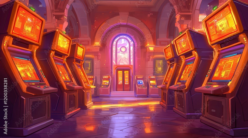 Poster a colorful arcade room filled with retro game machines and illuminated by warm lighting.