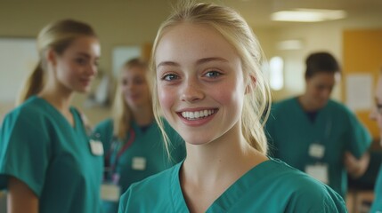 Fototapeta premium Smiling Young Nurse in Hospital Corridor
