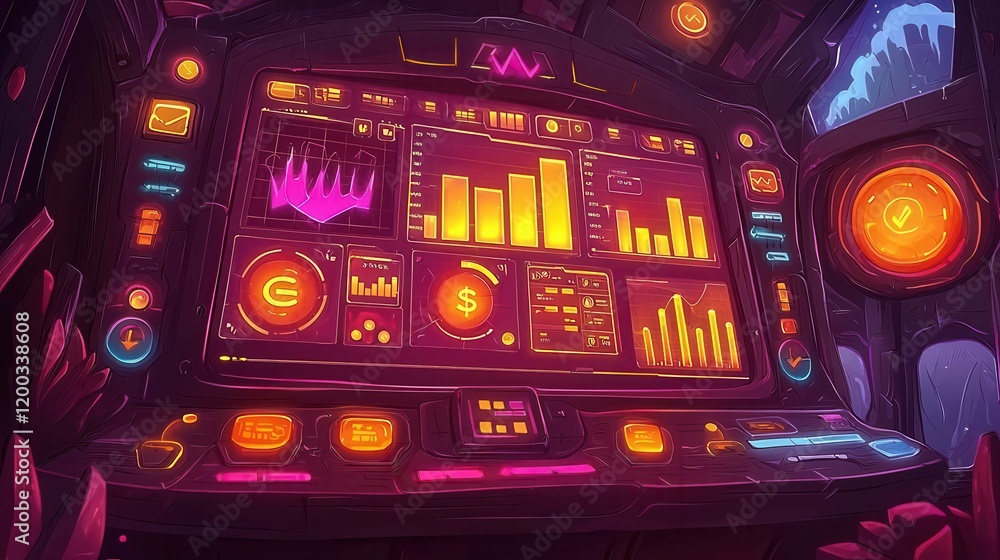 Poster futuristic control panel displaying colorful graphs and data in a sci-fi environment.