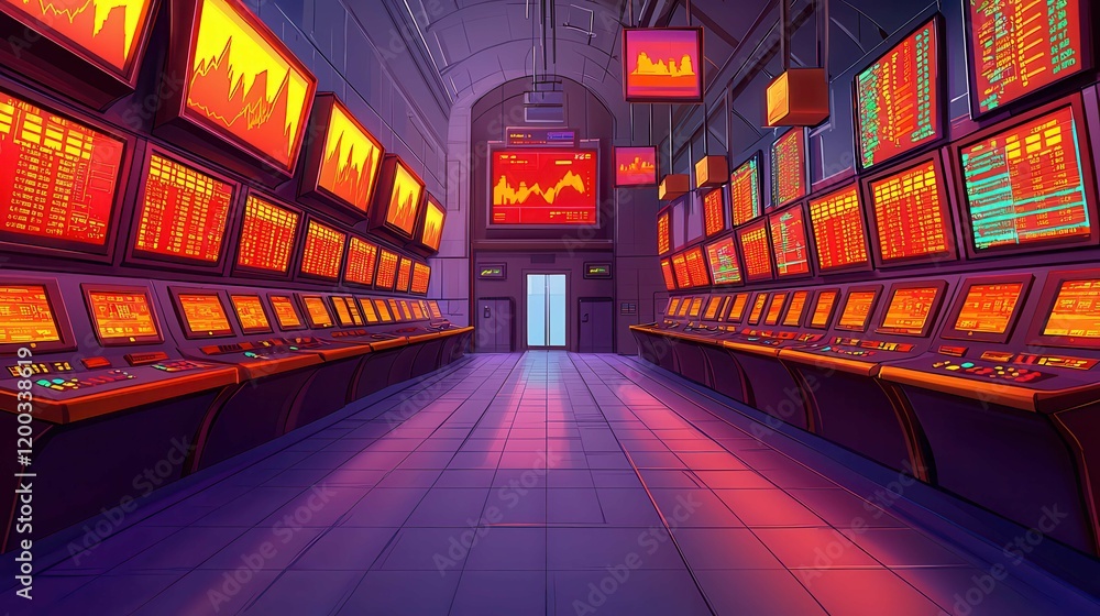 Poster a vibrant and dynamic trading room filled with screens displaying stock market data in an animated s