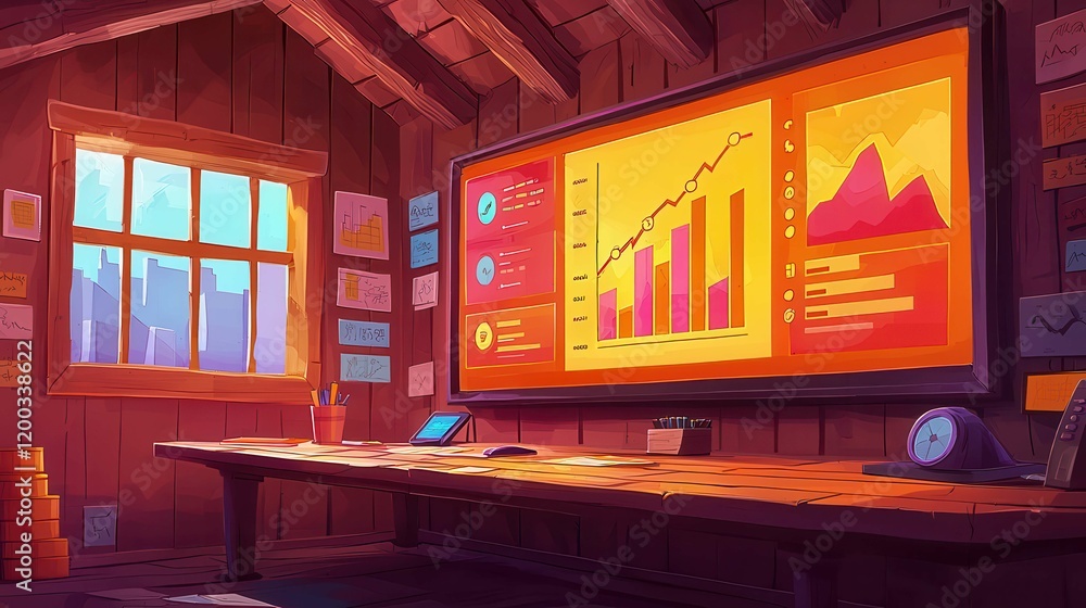 Poster colorful animated workspace with charts and graphs displayed on a main screen in a cozy setting.