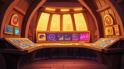 A cozy wooden control room with high-tech screens and warm lighting, perfect for monitoring data.