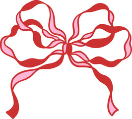 Red pink ribbon bow with wavy loops. Romantic coquette hand drawn decoration. Vintage whimsical style. Vector clipart element