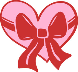 Pink heart tied with a red ribbon bow. Love and romance. Hand drawn doodle element for Valentine's Day. Cute illustration