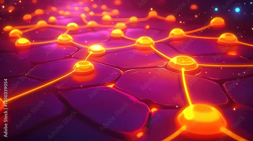 Poster colorful abstract representation of connected nodes on a textured surface.