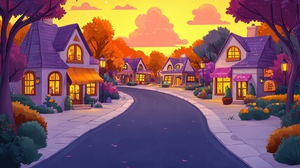 Obraz premium A cozy street scene featuring charming houses amid vibrant autumn foliage in a cartoon style.