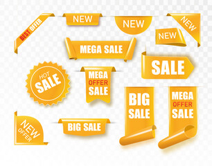 Golden satin ribbon tag. Gold textile label for sale promotion text. Discount and special offer badge. Vector illustration