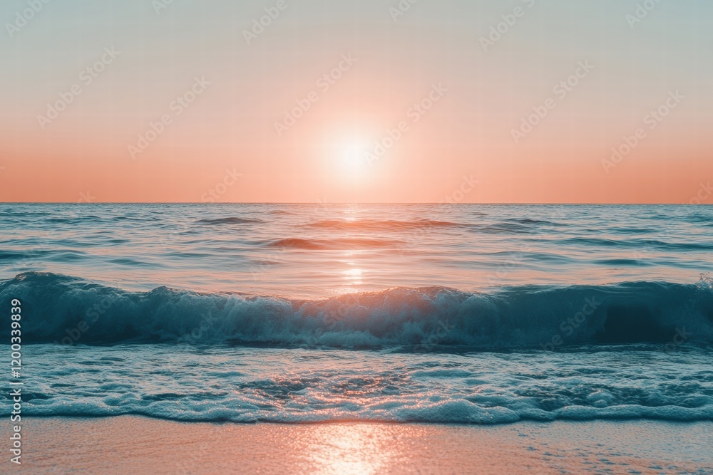 Poster serene sunset over gentle ocean waves at a tranquil shore with vibrant colors reflecting on the wate