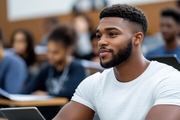 Obraz premium A focused young man with a beard sits attentively in a vibrant lecture hall, reflecting the pursuit of knowledge and personal growth in a dynamic educational environment.
