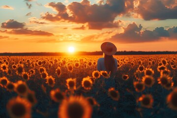 Girl in a sunflower field, beautiful sunny day. 