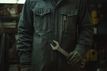 Confident Mechanic in Uniform Holding a Wrench, Ready for Work. Automotive Repair, Maintenance,     