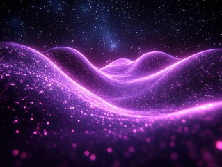 Shimmering purple waves flow across a starry backdrop. Ideal for backgrounds, wallpapers, or digital art projects.