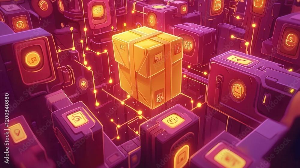 Poster an abstract representation of a golden cube surrounded by digital blocks and glowing circuits.