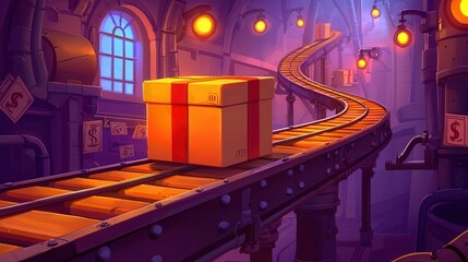 A cartoon-style scene with a box on a conveyor belt in a mysterious industrial environment.