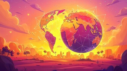 A vibrant illustration of a stylized globe surrounded by an orange sunset with abstract connections symbolizing global unity.