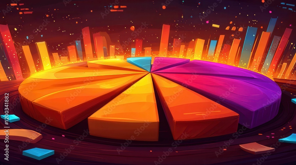 Poster colorful pie chart with vibrant bars in a dark background, representing data visualization.
