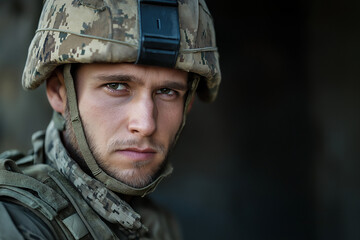 Obraz premium Serious Soldier: Portrait of a Military Personnel in Uniform, Standing at Attention, Ready for Duty.
