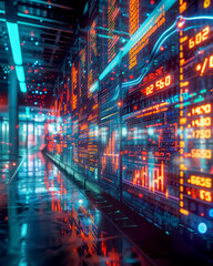 Naklejka premium Futuristic data center with glowing screens and digital displays, showcasing technology and innovation