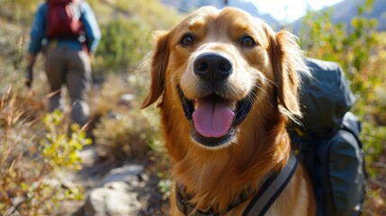 Obraz premium Dog Hiking with Owner on Trail