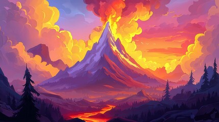 A vibrant mountain landscape with an erupting volcano against a colorful sunset sky.