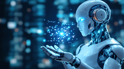 Cybernetic Humanoid Holding Glowing Neural Network Model 