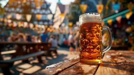 refreshing beer mug sits on wooden table, surrounded by festive decorations and lively atmosphere