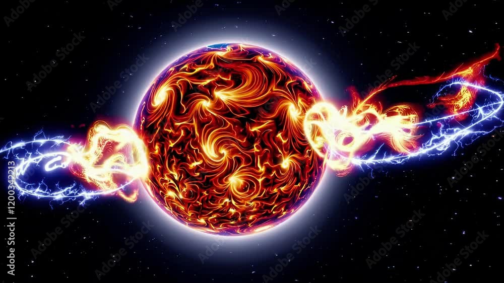 Poster glowing sun with swirling fiery patterns and vibrant electromagnetic streams extending into the cosm